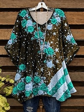  Ημέρα Αμερικανικής Ανεξαρτησίας Γυναικεία Πουκάμισο Μπλούζα Στάμπα Φλοράλ Γραφική Σημαία Βίντατζ Καθημερινά Στυλάτο Μακρυμάνικο Στρογγυλή Ψηλή Λαιμόκοψη Λαιμόκοψη V Μακριές μπλούζες Καθημερινά Εξόδου