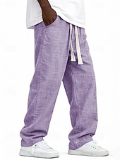 cheap Classic-Men's Linen Pants Trousers Summer Pants Baggy Pants Pocket Elastic Waist Straight Leg Solid Color Comfort Comfortable Full Length Casual Daily Holiday Vacation Fashion Blue Black Inelastic