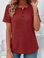 abordables Camiseta lisa-Mujer Camiseta Tops de verano Tops de punto gofre Botón frontal Graphic Plano Elegante Clásico Manga Corta Cuello Barco Tops regulares Diario Noche Ropa de playa Negro Blanco Amarillo Rojo Naranja