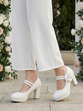 billiga Brudens/Brudgummens mor-Rosa platåskor med Mary Jane-klack för kvinnor, grova klänningar med blockklack och blommiga detaljer för brudens mor, trädgårdsbröllop &amp;formella evenemang