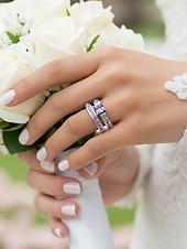 abordables Boda ACC-Juego de anillos para mujer, cobre con circonitas cúbicas, multicolor, elegantes anillos a juego para bodas, fiestas y eventos formales, joyería nupcial o de noche perfecta.