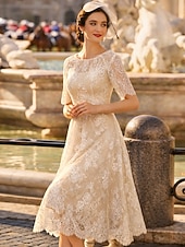 abordables Longitud a la altura del tobillo-Corte A Vestido Midi Vestidos de novia Vestidos para la despedida de soltera Vestido de novia Vestidos Blancos Vestidos Novia en Color Media Manga Escote de ilusión Graduación Cumpleaños Encaje con