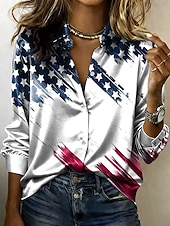 abordables Día de la Independencia Top-día de la independencia americana Mujer Camisa Camisa de raso Camisa con botones Camisa casual Estampado Graphic Bandera Clásico Casual Manga Larga Cuello Camisero Tops regulares Diario Festivos Noche