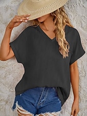 economico Bluse Semplici-Per donna Maglietta Finto cotone e lino Semplice Moda Elegante Classico Manica Corta Scollo a V Top Regolari Quotidiano Uscire Weekend Blu Nero Bianco Rosa Marrone Estate Primavera