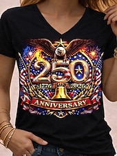 billige Uavhengighetsdag Topp-Uavhengighetsdagen Amerikansk Jubileum Patriotisk Dame T-skjorte Trykk Grafikk Flagg Vintage Stilig Klassisk Korte Ermer V-hals Vanlige topper Daglig Blå Sommer Vår