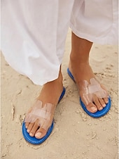 billiga Kvinnor-Färgglada gula strandtofflor för kvinnor - eleganta platta sandaler i genomskinlig PVC med H-remmar för tropiska semestrar och öresor &amp;sommarkläder vid poolen