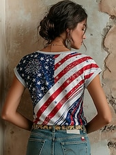  Ημέρα Αμερικανικής Ανεξαρτησίας Γυναικεία Μπλουζάκι Στάμπα Φλοράλ Γραφική Γκράφιτι Βοημία Βίντατζ Κλασσικό Κοντομάνικο Λαιμόκοψη V Κανονικά μπλουζάκια Καθημερινά Θαλασσί Καλοκαίρι Άνοιξη