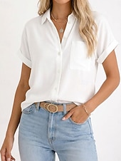 abordables Blusas Sencillas-Mujer Camisa Blusa Bolsillo Botones Color sólido Plano Vintage Elegante Manga Corta Cuello Camisero Tops largos Diario Festivos Noche Negro Blanco Rosa Naranja Gris Verano Primavera