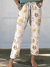 preiswerte Gerade geschnittene Hose-Damen Chinos Gerade Urlaub Streetwear Lässig Volle Länge Mittlere Taillenlinie Blumen Grafik Kordelzug Tasche Drucken Bequem Komfort Atmungsaktiv Mikroelastisch Täglich Outdoor Streetwear Blau