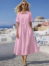 abordables Vestidos-Mujer Vestido Midi Vestidos con tacto de lino Vestido de Camisa Vestido Kaftan Moda Moderno Diario Exterior Vacaciones Ajuste regular Plano Manga Corta Cuello Camisero Azul Piscina Blanco Rosa Rojo