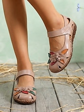 olcso Női lapos sarkú cipők-női bézs színű, valódi bőr Mary Jane szandál - vintage virágmintás, marhabőrből készült kényelmes cipő hétköznapi sétákhoz &amp;utazás