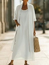 cheap Plain Dress-Women's Dress Set Shift Dress Elegant Plain Pocket Maxi Dress 3/4 Length Sleeve Crew Neck Daily Outdoor Blue White Pink Summer Spring Loose Fit