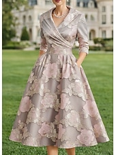 billige Te Lengde-A-linje Te-lengde Blazer kjoler Kjole til brudens mor Langermet Skjortekrage Elegant Årgang Formell Bryllupsgjest Bryllupsfest Sateng Jacquard med Plissert Blomst