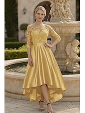 halpa Nilkkapituus-A-linja Epäsymmetrinen Polven yli Juhlamekko Coctail-asu Häävieraspuku Morsiammen äidin asu 3/4 hiha Kauha Tyylikäs Lyhyt ja matala Häävieras Syntymäpäivä Satiini Pitsi kanssa Laskokset Applikaatiot