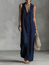 cheap Dresses-Women's Maxi Dress Linen-feel Dresses Shirt Dress Casual Dress Cotton Linen Dress Elegant Fashion Modern Outdoor Vacation Going out Regular Fit Plain Sleeveless Hooded Black Dusty Rose Navy Blue
