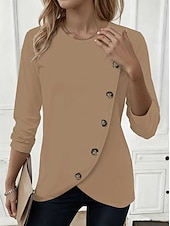 preiswerte Einfarbiges T-Shirt-Damen T Shirt T-Shirt Knöpfe Einfach Mode Stilvoll Klassisch Kurzarm Rundhalsausschnitt Normale Oberteile Täglich Ausgehen Wochenende Blau Schwarz Weiß Rote Grün Sommer Frühling Herbst