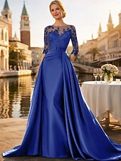 voordelige Vloerlengte-A-lijn Strijksleep Bruiloft gast jurk Formele jurk Avondjurk Moeder van de bruid jurk Lange mouw Met sieraad Elegant Zijdeachtig Kerstmis Formeel Satijn met Appliqués