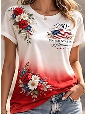  Dia da Independência Americana Mulheres Camiseta Imprimir Gráfico Letra Bandeira americana à moda Clássico Casual Manga Curta Gola Redonda Tops regulares Diário Azul Branco vermelho Verão Primavera