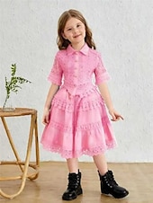 cheap Casual Dresses-2 Pieces Kids Girls' Solid Color Lace Dress Suits Set Short Sleeve Fashion Outdoor 4 years+ Summer Blue White Pink
