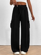 billiga wijde pijpen en hoge taille-Women's Cargo Pants Chinos Vacation Streetwear Casual Full Length Medium Waist Plain Drawstring Pocket Comfy Comfort Micro-elastic Daily Outdoor Street Black White Dark Navy Royal Blue Spring Fall