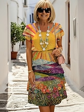  Dame Mini kjole Uformell kjole Print kjole Peplum kjoler Elegant Mote Moderne utendørs Feriereise Ut på byen Normal Blomstret Sol Kortermet Crew-hals Oransje Sommer Vår