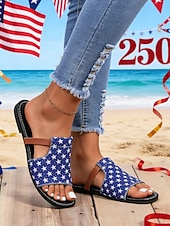 Damsandaler med stjärnmönster och USA-motiv för 250-årsjubileum - patriotiska blå platta sandaler med stjärnmönster för självständighetsdagen 2026 och strandsemester &patriotiska parader