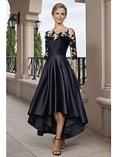 halpa Nilkkapituus-A-linja Epäsymmetrinen Polven yli Juhlamekko Coctail-asu Häävieraspuku Morsiammen äidin asu 3/4 hiha Kauha Tyylikäs Lyhyt ja matala Häävieras Syntymäpäivä Satiini Pitsi kanssa Laskokset Applikaatiot