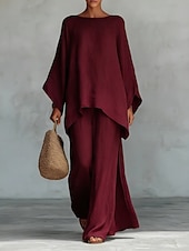 tanie Zestawy-Damskie Zestaw o fakturze lnu Zestawy spodni Długi rękaw Półgolf Jednokolorowe Moda Moda miejska Codzienny Na zewnątrz Czarny Biały Khaki Wiosna i lato Luźna