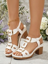 abordables Sandales à talons-Sandales blanches à talons carrés ajourées pour femmes – chaussures d'été élégantes pour une tenue décontractée, une garden-party, un rendez-vous ou au quotidien.