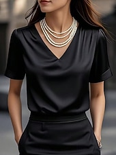 Χαμηλού Κόστους Απλή μπλούζα-Γυναικεία Μπλούζα Συμπαγές Χρώμα Κομψό Στυλάτο Βασικό Κοντομάνικο Λαιμόκοψη V Κανονικά μπλουζάκια Καθημερινά Μαύρο Λευκό Κρασί Φούξια Πράσινο του τριφυλλιού Καλοκαίρι Άνοιξη