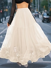 cheap Party Skirts-Women's Vacation Skirt Elegant Fashion Cute Casual Maxi Mid Rise Skirts Plain Elastic Waist Layered Mesh Micro-elastic Daily Vacation Apricot Black Pink Wine Summer