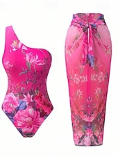 baratos Fatos de Banho 1 Peça-Mulheres Roupa de Banho 2 partes Monoquíni Saia roupa de banho Compressão abdominal Cintura Alta Delgado Frente Única Férias Roupa de Praia Floral Pescoço Assimétrico Sem Manga Fatos de banho