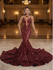 abordables Vestidos de Noche Sirena-Corte Trompeta Sirena Cola barrida Trajes de gala Vestidos de noche Corte Cenicienta Vestimenta formal Elegante Sin Mangas Escote de ilusión Carnaval Formal afroamericano Lentejuelas con Lentejuela