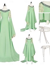 abordables Vestido-Vestido medieval renacentista, disfraz elegante de elfo, elfo Arwen, vestido elegante para mujer, fantasía, Halloween, fiesta, actuación, adulto, vestido, corona, tocado