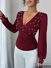 billiga Kostymblusar-Dam Skjorta Blus Långärmade toppar Rynkad Slät Mode Stylish Klassisk Långärmad V-hals Vanliga toppar Dagligen Helgdag Utekväll Svart Vin Aprikos Sommar Vår