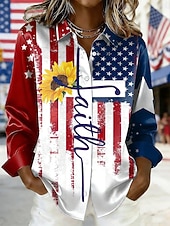  Jour de l'Indépendance Américaine Femmes Chemise Chemise en satin Imprimé Fleuri Graphique Drapeau Bohème ancien Élégant manche longue Col de chemise Hauts Longs Quotidien Fête Sortir Bleu Blanche