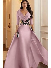 cheap Ball Gown Evening Dresses-A-Line Floor Length Evening Gown Elegant 3/4 Length Sleeve Shirt Collar Formal Satin with Appliques