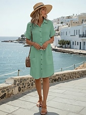 ieftine Rochii false esențiale-Pentru femei Rochii Lungime Genunchi In din bumbac artificial Modă Modern Zilnic În aer liber Vacanță Potrivire Largă Simplu Manșon scurt Guler Cămașă Negru Alb Galben Trifoi Vară Primăvară