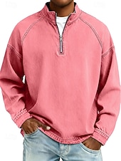 preiswerte Basic-T-Shirts-Herren Hemd aus 100 % Baumwolle in Säurewaschung T-Shirt Langarm Stehkragen Frühling Herbst Herbst Winter Einfach Vintage Streetwear Lässig Reißverschluss Basic Lässig Heim Straße Schwarz Rosa