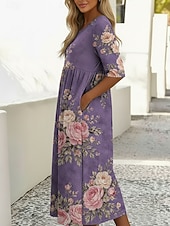  女性用 ミディドレス カジュアルドレス プリントドレス ヴィンテージ アウトドア バケーション お出かけ ルーズフィット フラワー グラフィック ハーフスリーブ クルーネック ブルー ライトパープル パープル グリーン 夏 春