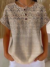 halpa Taide &amp; Suunnittelu t-paita-Naisten vohvelit-paita tulostus graafinen geometrinen vintage tyylikäs klassinen lyhythihainen crew-neck säännölliset yläosat päivittäiset valkoinen vaaleanpunainen punainen khaki kesä kevät