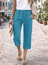 billige Luksuriøse bukser-Dame Capri-bukser Linbukser i bomull kinesisk Sommershorts Ferie Grunnleggende Fritid Kalv lengde Høy Midje عادي Lomme Elastisk midje comfy Komfort Myk Elastisk Daglig utendørs Gate Marineblå Vin