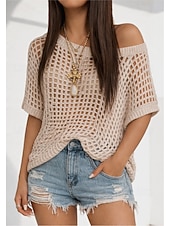 お買い得  プレーンTシャツ-女性用 オーバーサイズ Tシャツ 切り抜き スタイリッシュ ホット セクシー 半袖 バットウィングスリーブ クルーネック レギュラートップス お出かけ バケーションウェア ブラック ホワイト ピンク ネイビーブルー ブラウン 夏 春