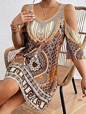 billige Boho-kjoler-Dame Mini kjole Boho-kjole Vintage kjole Uformell kjole Elegant Mote Moderne Feriereise Ut på byen Helg Normal Geometrisk Stamme Halvlange ermer V-hals Blå Lilla Brun Grønn Sommer Vår