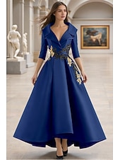 baratos Vestidos de Festa em A-Linha A Longo Vestido formal Vestidos de noite Elegante Manga Longa Decote V Carnaval Formal Bolsos Cetim com Miçangas Apliques