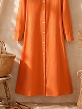 cheap Dresses-Women's Midi Dress Linen-feel Dresses Shirt Dress Casual Dress A Line Dress Fashion Basic Modern Daily Vacation Going out Regular Fit Plain Long Sleeve Shirt Collar Blue Black Wine Orange Spring Fall