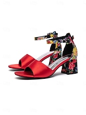 voordelige Hakken Sandalen-Damessandalen uit de jaren 50 in vintage rood satijn - elegante pumps met middelhoge blokhak en enkelbandje met bloemenprint, perfect voor rockabillyfeesten en retro gala's. &amp;zomerse sociale