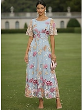 رخيصةأون طول الكاحل-A-الخط فساتين طول الكعب فستان كوكتيل فستان زفاف ضيف فستان أم العروس كم قصير رقبة عالية مدورة أنيق كاجوال رسمي ضيف حفل زفاف كنتاكي ديربي شيفون تول مع طباعة الأزهار تطريز زينة