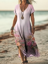  Dame Maxikjole Boho-kjole Uformell kjole Kjole med A-linje Print kjole Årgang utendørs Strand Feriereise Normal Blomstret Grafisk Kortermet V-hals Lys Rosa Gul Mørkegrønn Lilla Sommer Vår