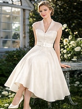 cheap Cocktail Dresses-A-Line Knee Length Cocktail Dresses Party Dresses 1950s Hot White Sleeveless V Neck Valentine's Day Wedding Guest Tulle with Sash / Ribbon